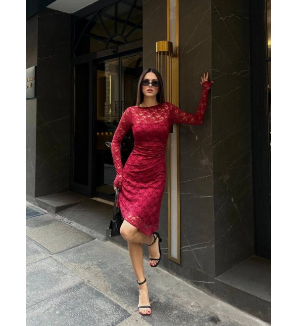 203428 BORDO ELBİSE DANTELLİ