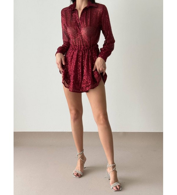 204236 BORDO ELBİSE PAYETLİ