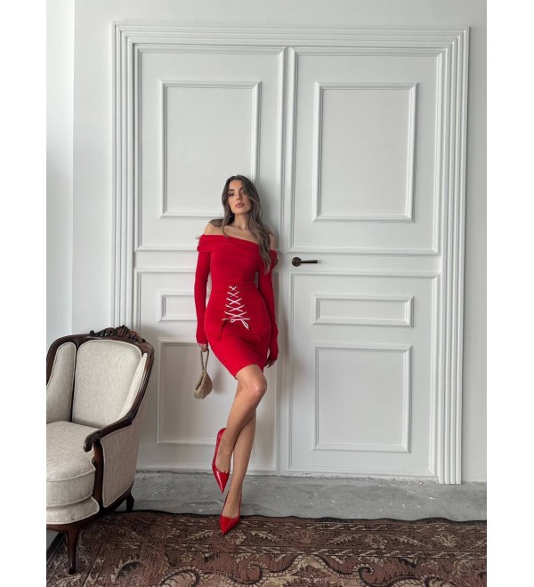 204552 ROT KLEID Guipurized