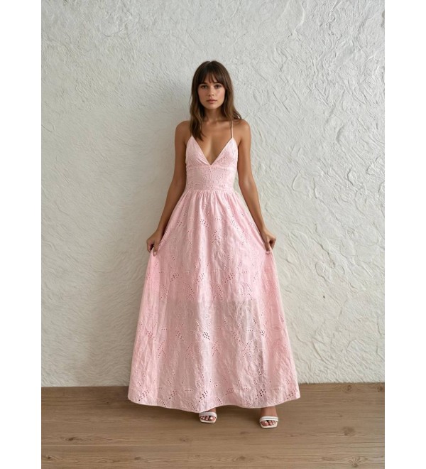 212086 PEMBE ELBİSE BRODE KUMAŞ
