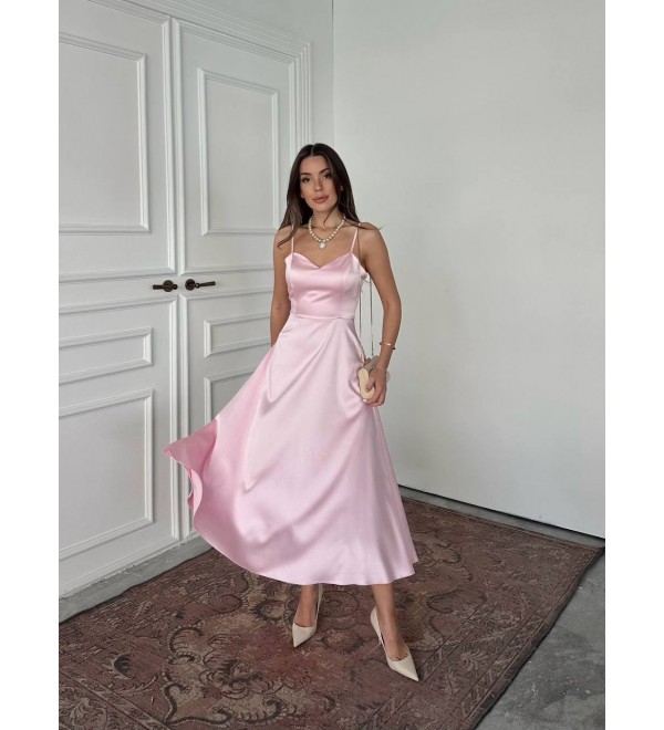 212151 PEMBE ELBİSE SATEN KUMAŞ