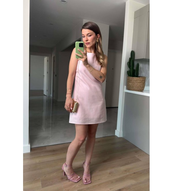 212621 PEMBE ELBİSE KETEN KUMAŞ