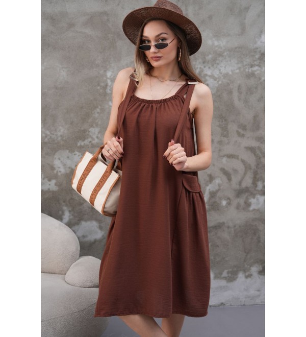 214076 KAHVE ELBİSE KETEN KUMAŞ