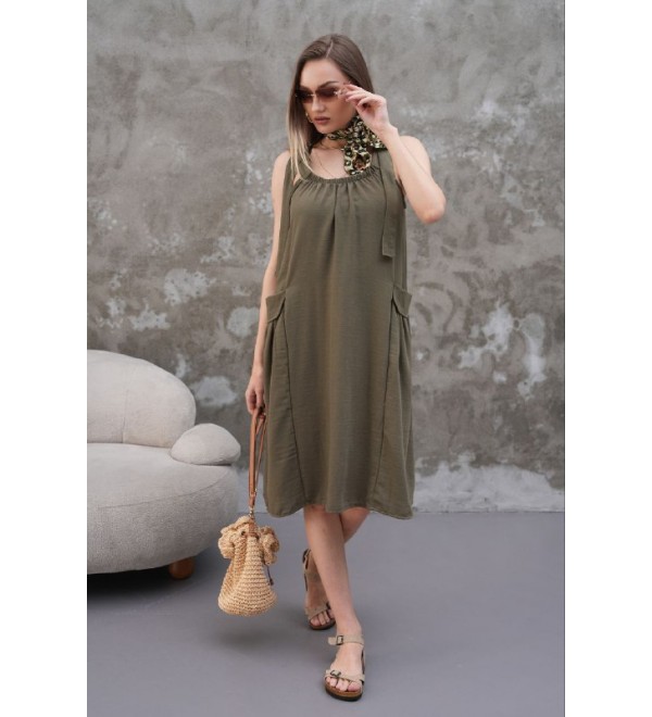 214077 HAKİ ELBİSE KETEN KUMAŞ