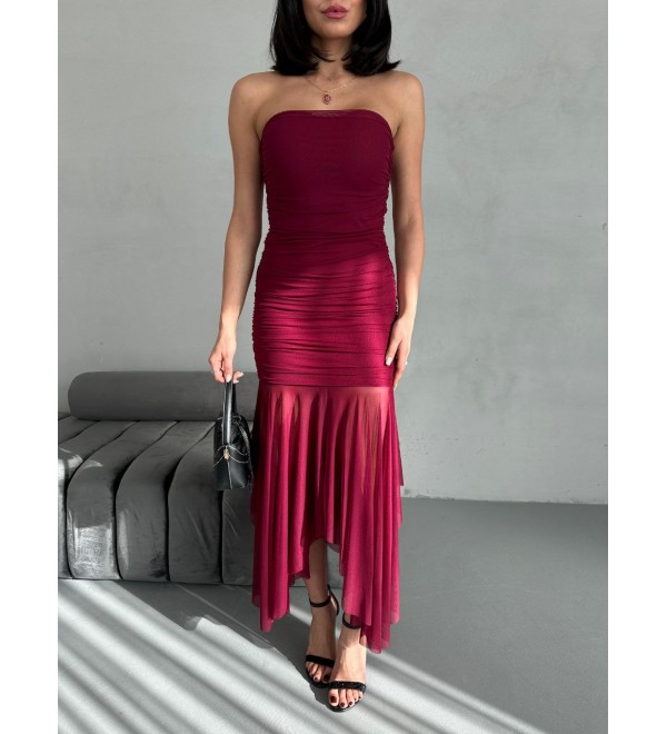 214200 BORDO ELBİSE TÜL